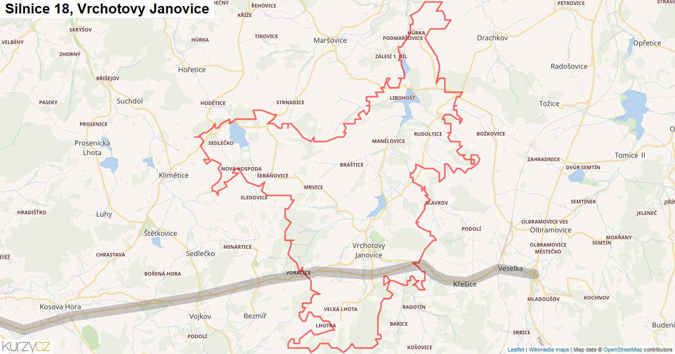 Vrchotovy Janovice, Silnice 18 - Mapa