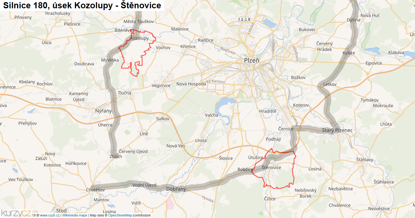 Úsek Kozolupy - Štěnovice, Silnice 180 - Mapa