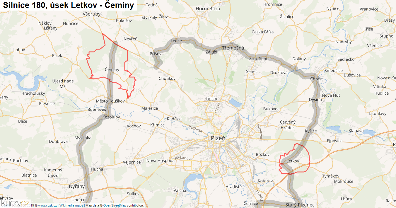 Úsek Letkov - Čeminy, Silnice 180 - Mapa