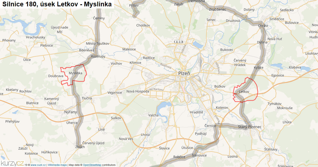 Úsek Letkov - Myslinka, Silnice 180 - Mapa