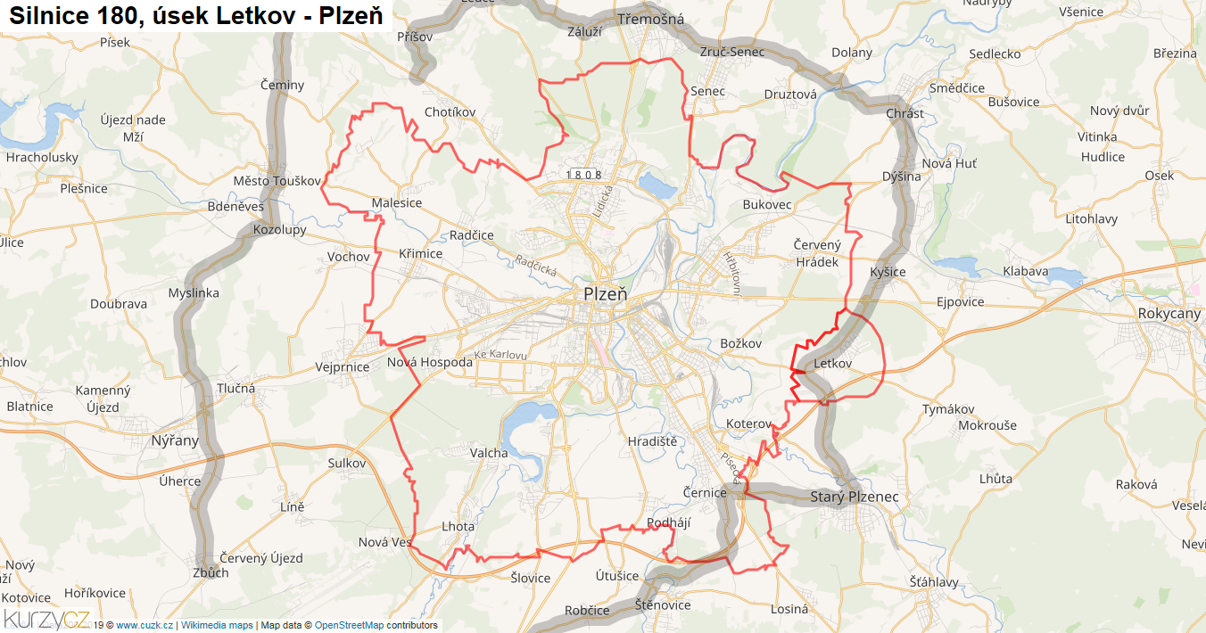 Úsek Letkov - Plzeň, Silnice 180 - Mapa