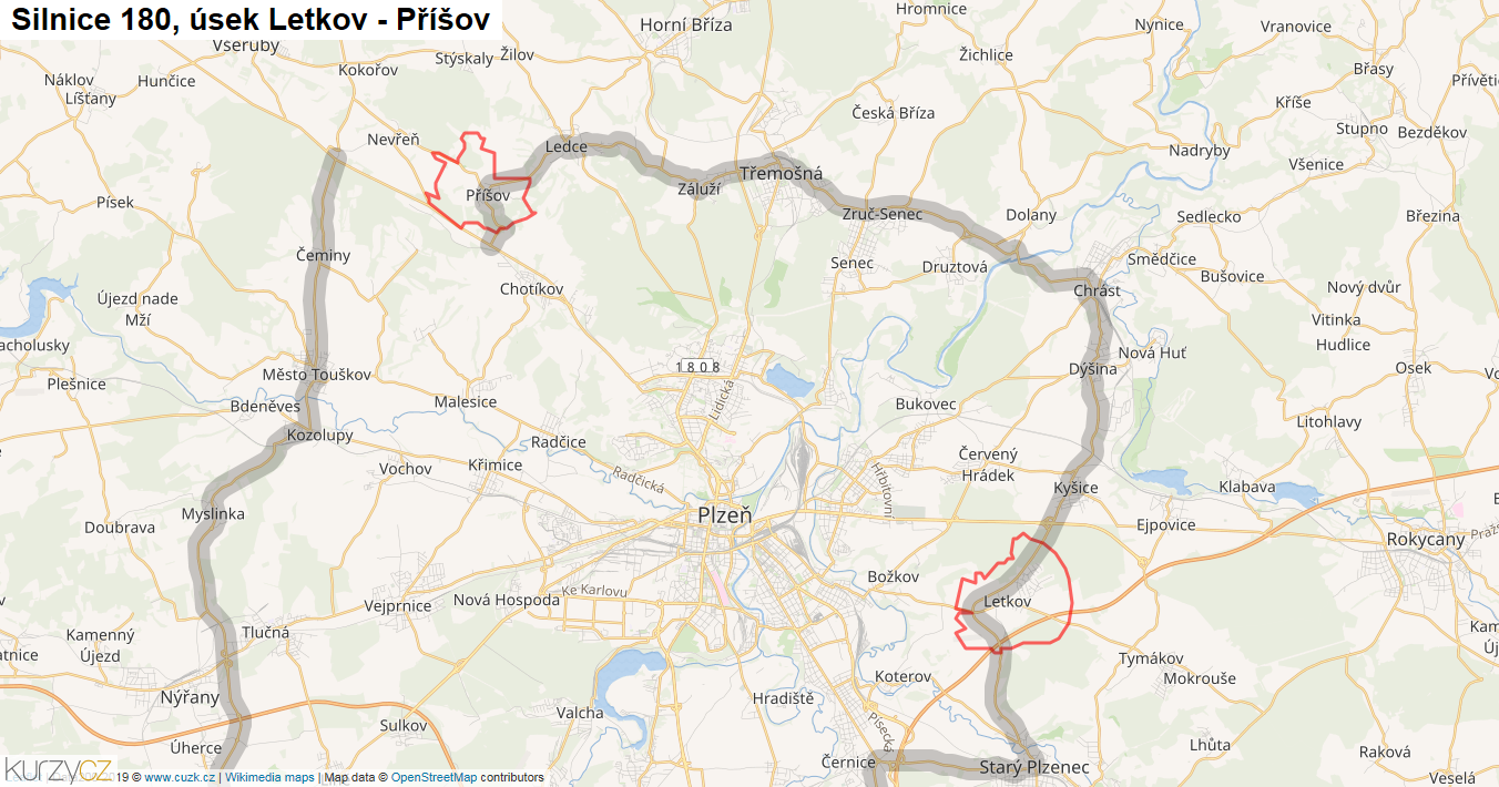 Úsek Letkov - Příšov, Silnice 180 - Mapa