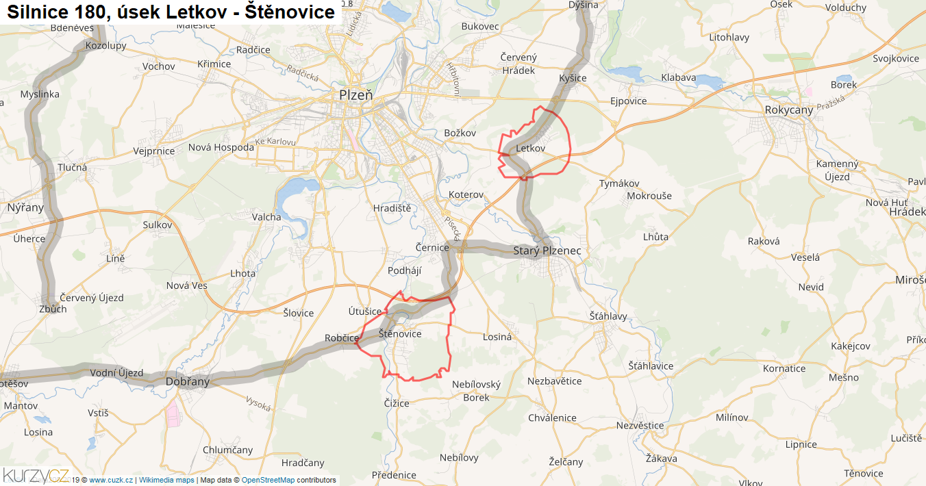 Úsek Letkov - Štěnovice, Silnice 180 - Mapa