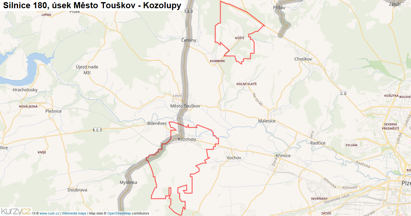 Úsek Město Touškov - Kozolupy, Silnice 180 - Mapa