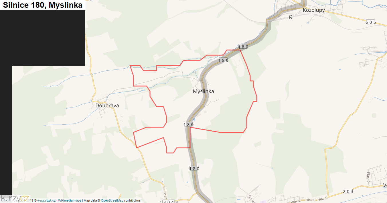 Myslinka, Silnice 180 - Mapa