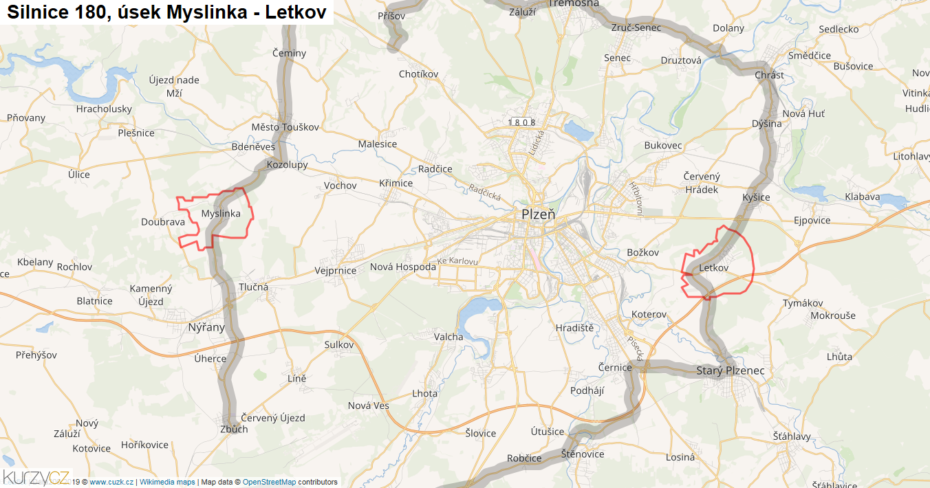 Úsek Myslinka - Letkov, Silnice 180 - Mapa