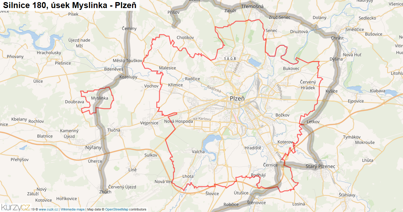 Úsek Myslinka - Plzeň, Silnice 180 - Mapa
