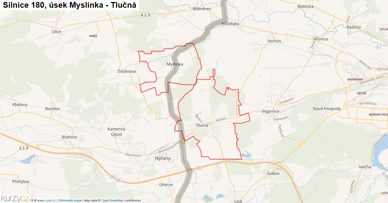 Úsek Myslinka - Tlučná, Silnice 180 - Mapa