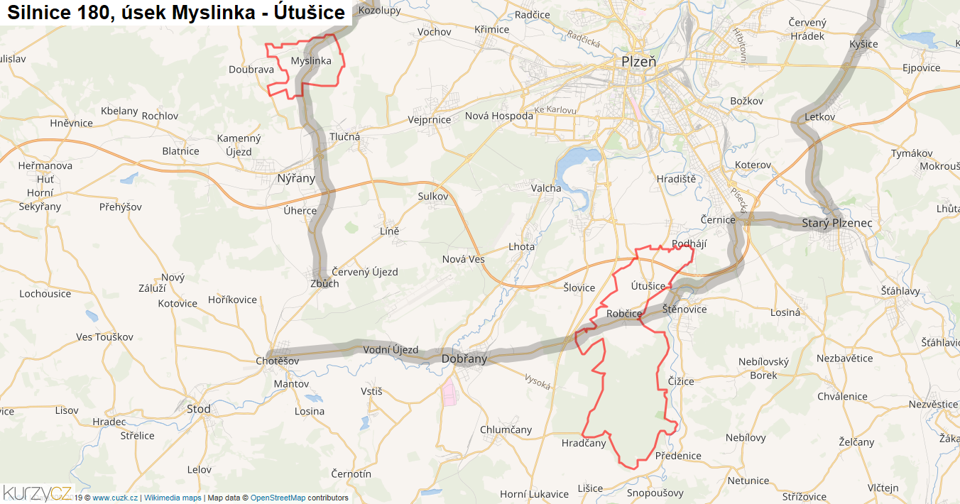 Úsek Myslinka - Útušice, Silnice 180 - Mapa