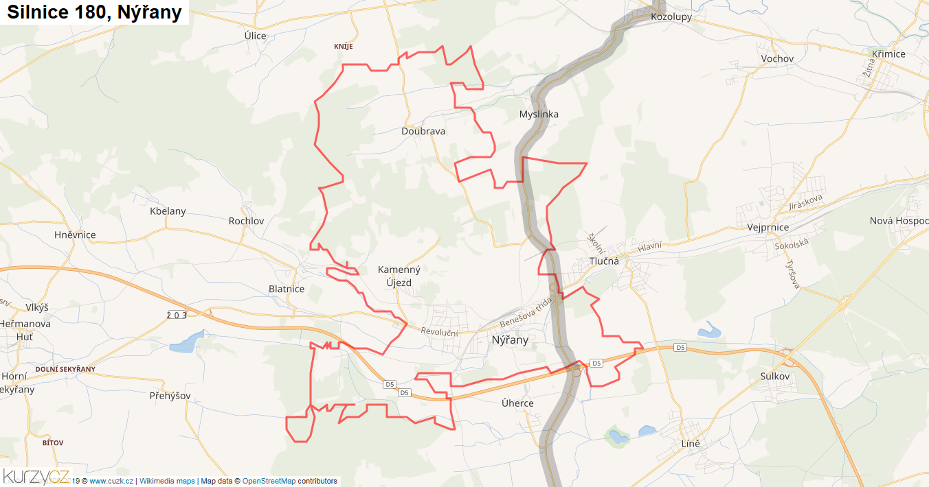 Nýřany, Silnice 180 - Mapa