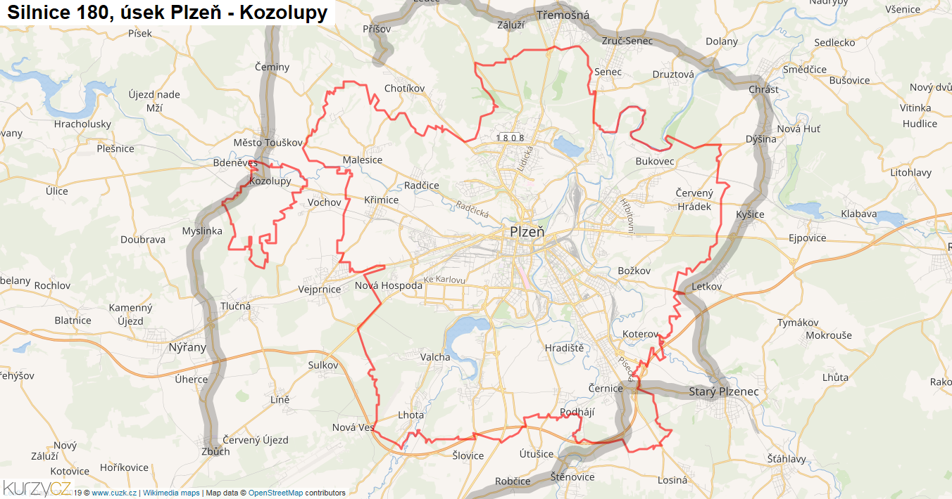 Úsek Plzeň - Kozolupy, Silnice 180 - Mapa