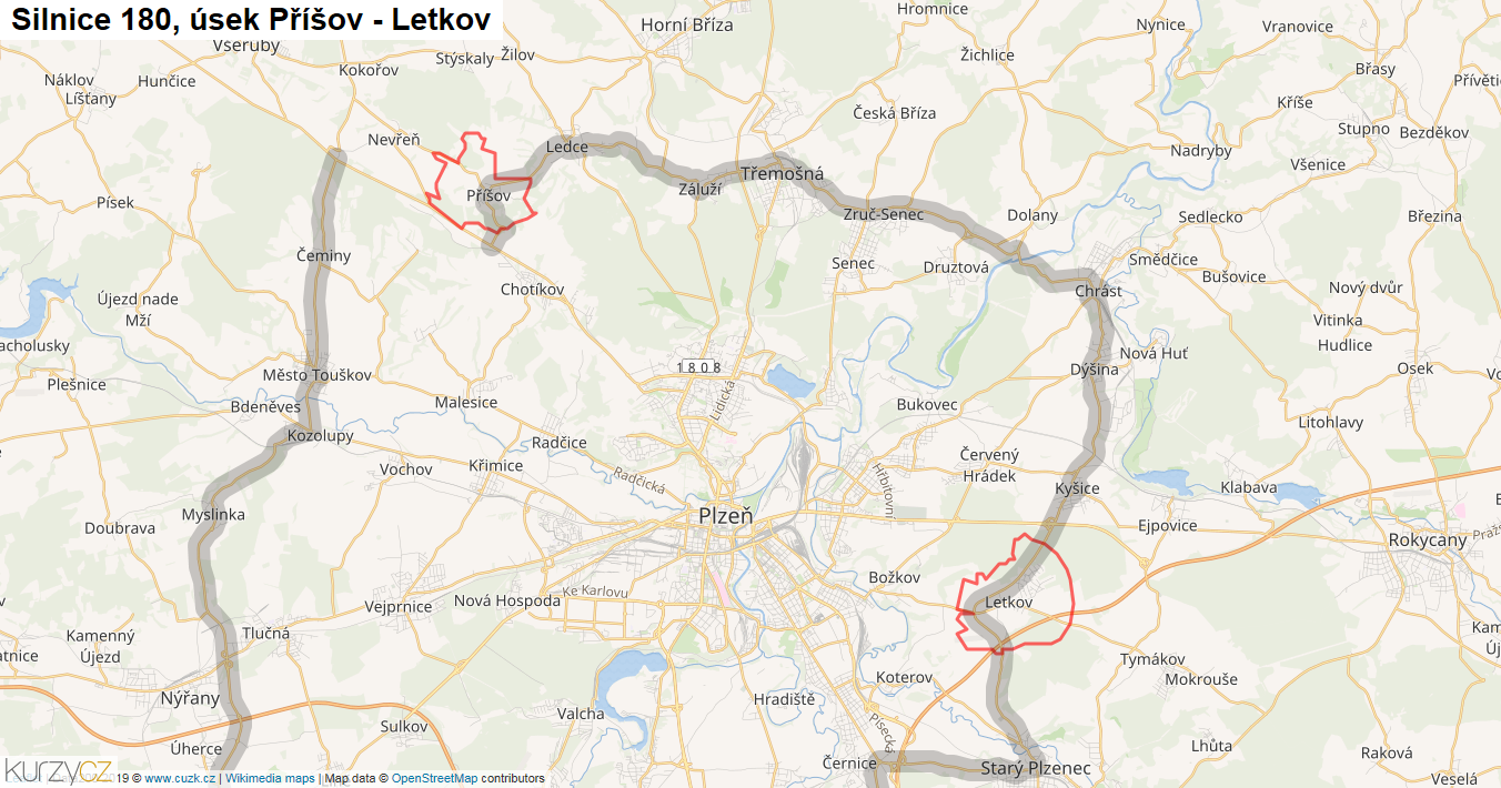 Úsek Příšov - Letkov, Silnice 180 - Mapa