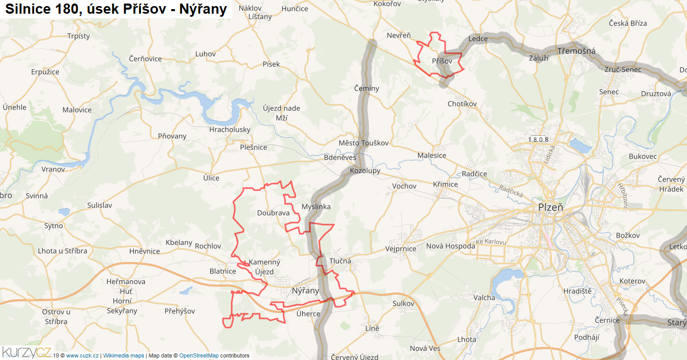 Úsek Příšov - Nýřany, Silnice 180 - Mapa