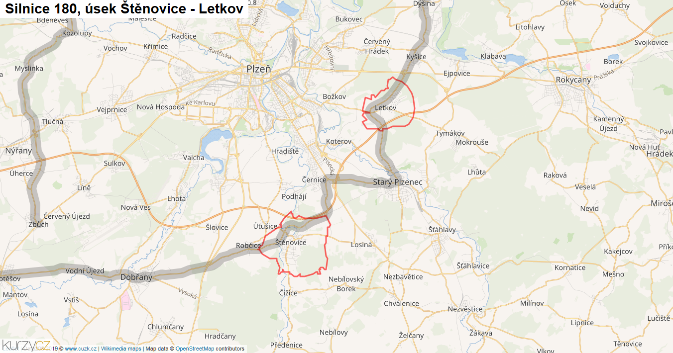 Úsek Štěnovice - Letkov, Silnice 180 - Mapa