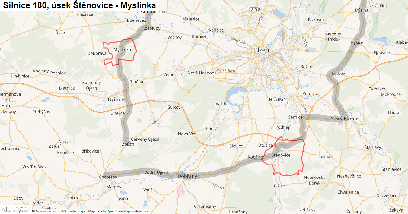 Úsek Štěnovice - Myslinka, Silnice 180 - Mapa
