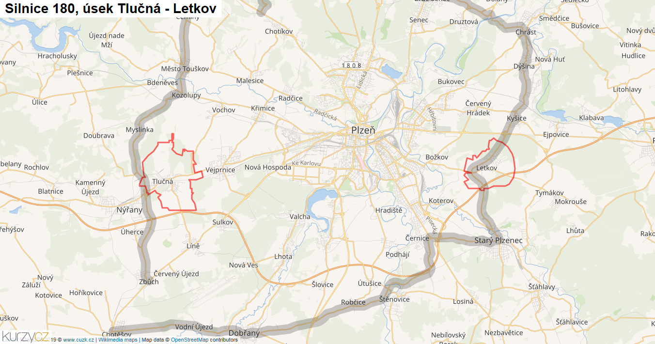 Úsek Tlučná - Letkov, Silnice 180 - Mapa
