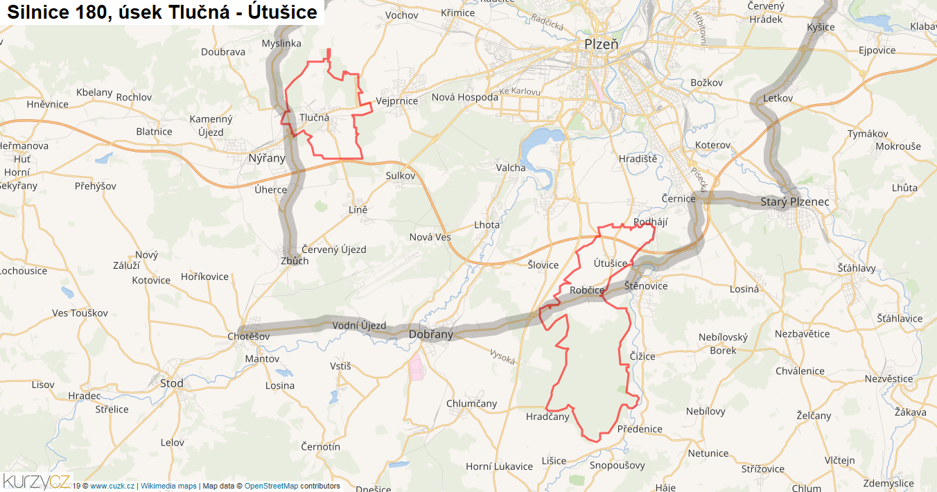 Úsek Tlučná - Útušice, Silnice 180 - Mapa