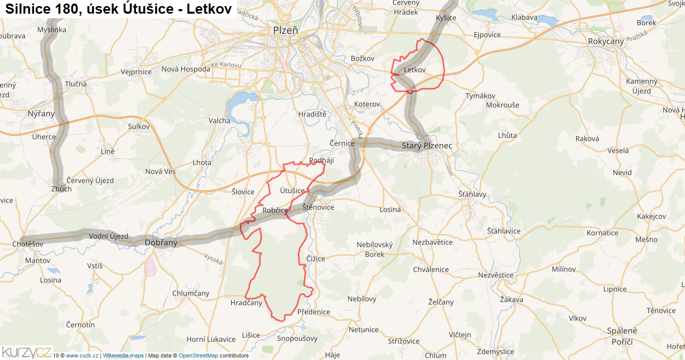 Úsek Útušice - Letkov, Silnice 180 - Mapa