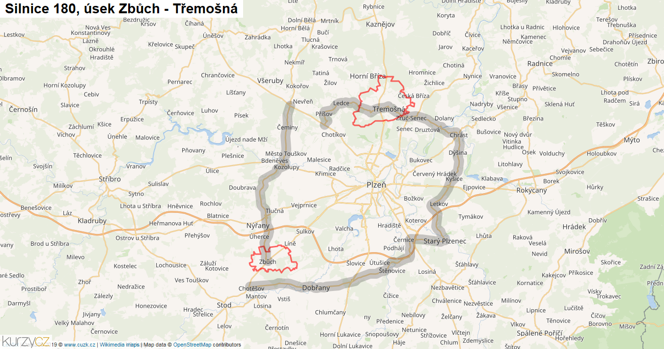 Úsek Zbůch - Třemošná, Silnice 180 - Mapa