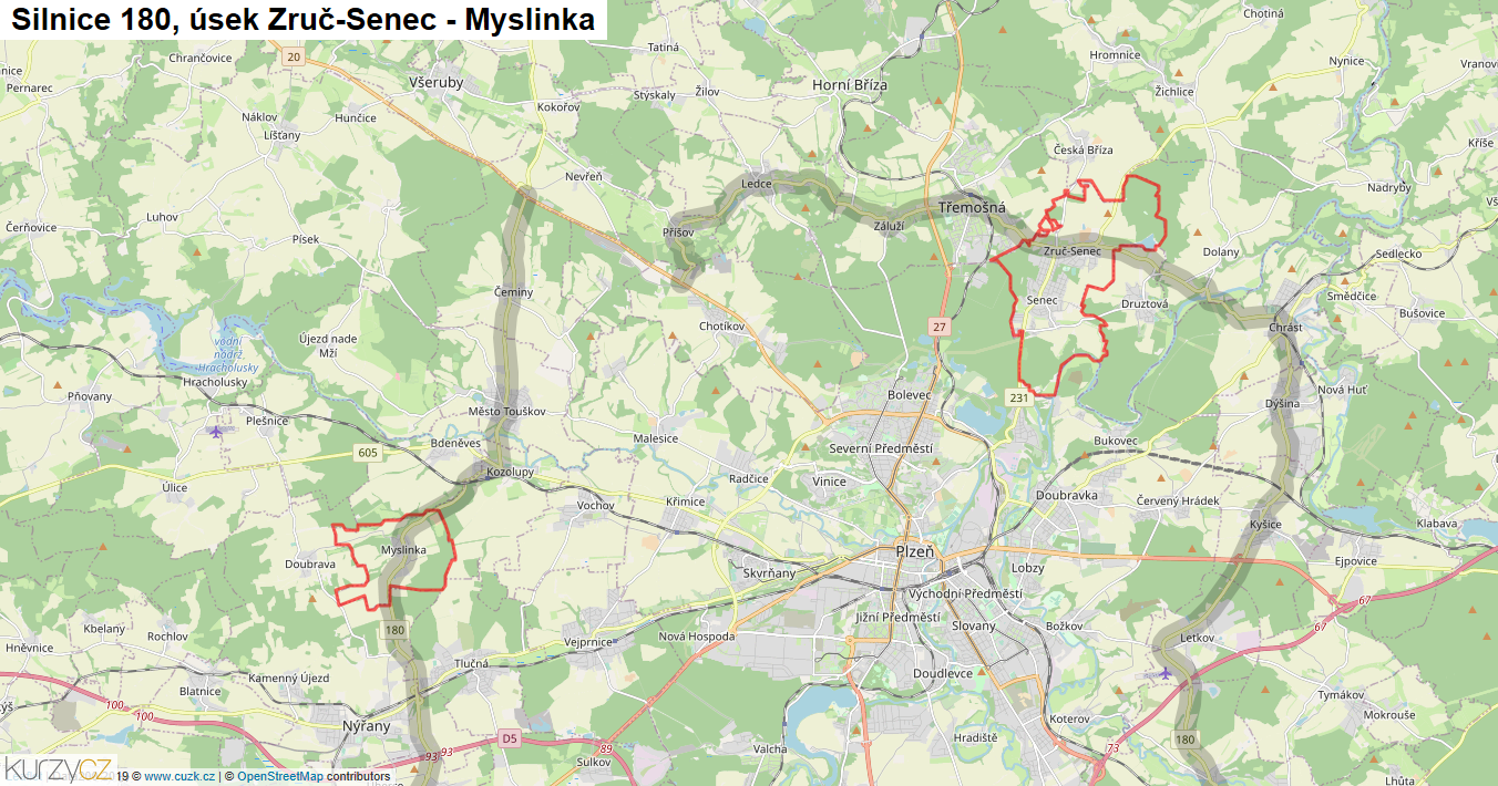 Úsek Zruč-Senec - Myslinka, Silnice 180 - Mapa