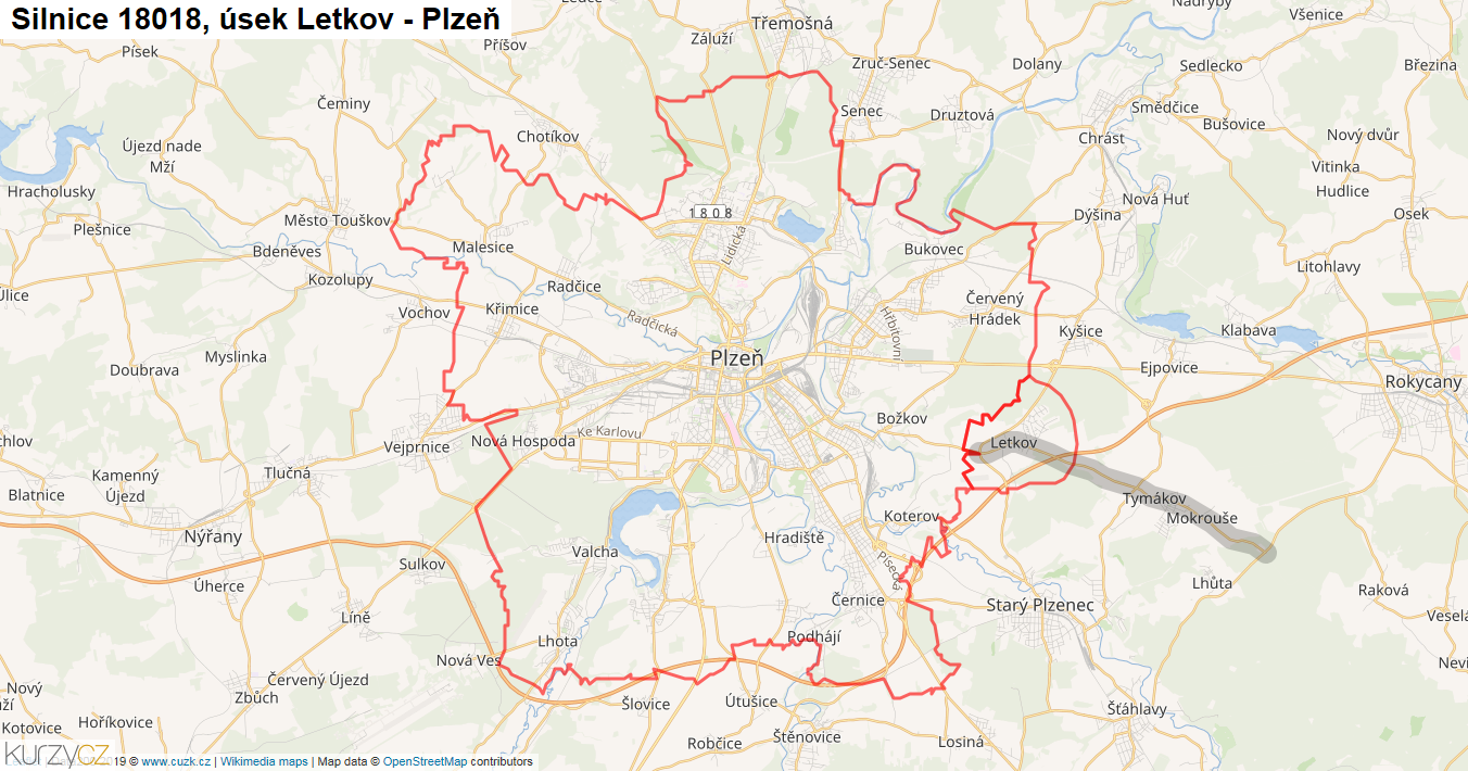 Úsek Letkov - Plzeň, Silnice 18018 - Mapa