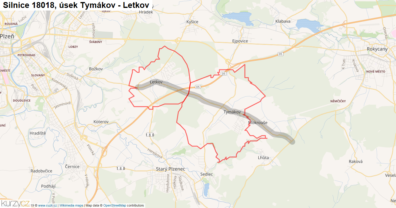 Úsek Tymákov - Letkov, Silnice 18018 - Mapa