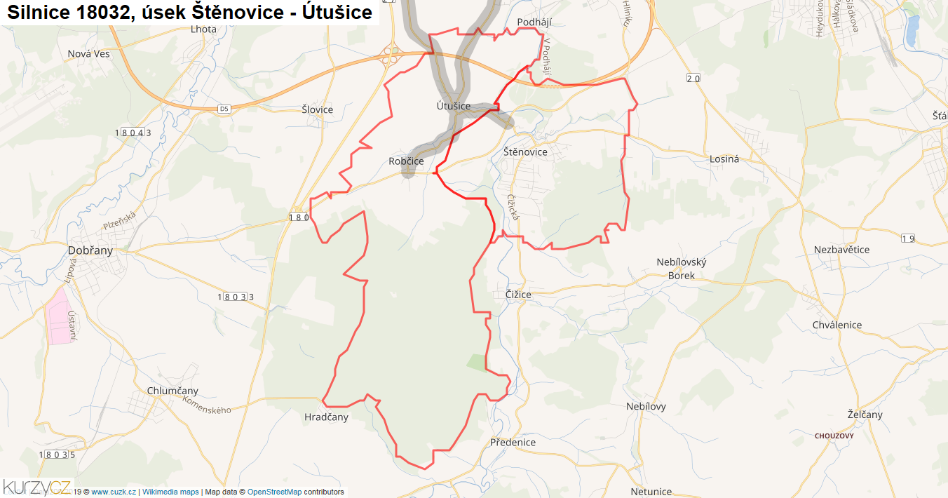 Úsek Štěnovice - Útušice, Silnice 18032 - Mapa