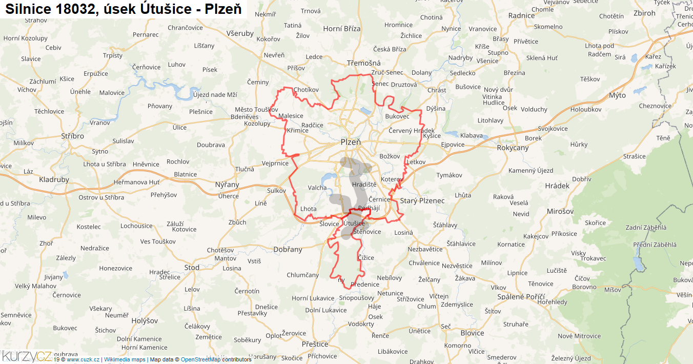 Úsek Útušice - Plzeň, Silnice 18032 - Mapa
