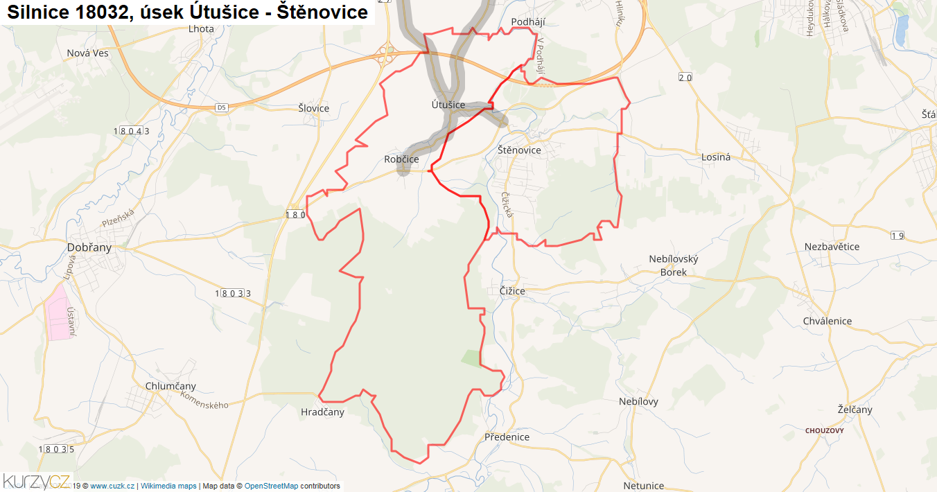 Úsek Útušice - Štěnovice, Silnice 18032 - Mapa