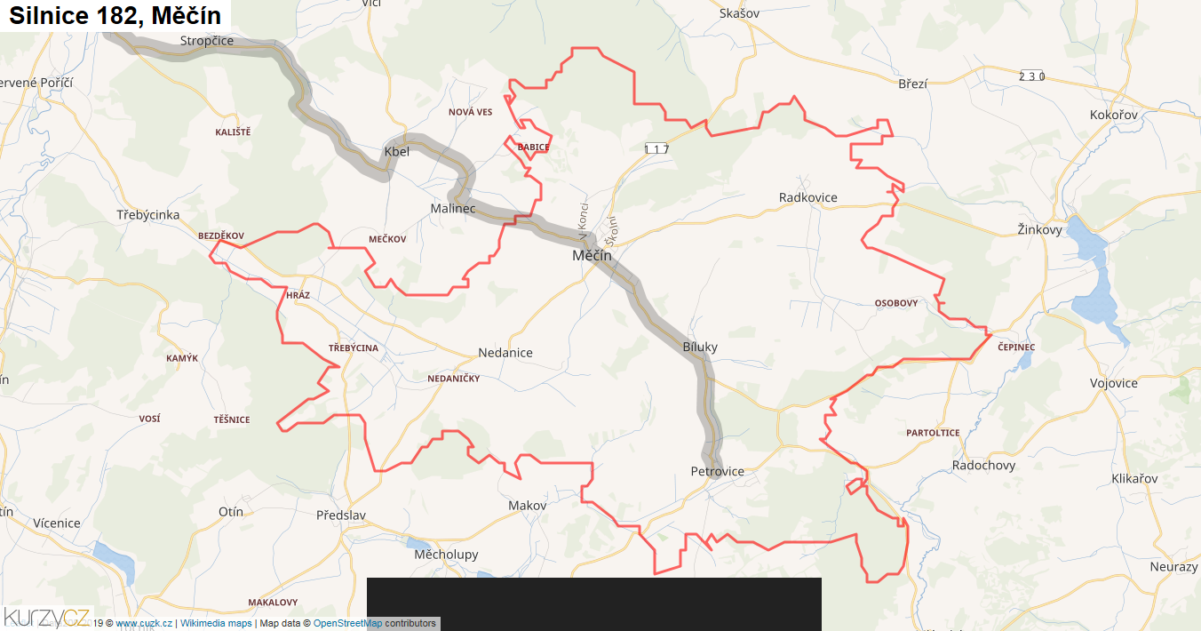 Měčín, Silnice 182 - Mapa