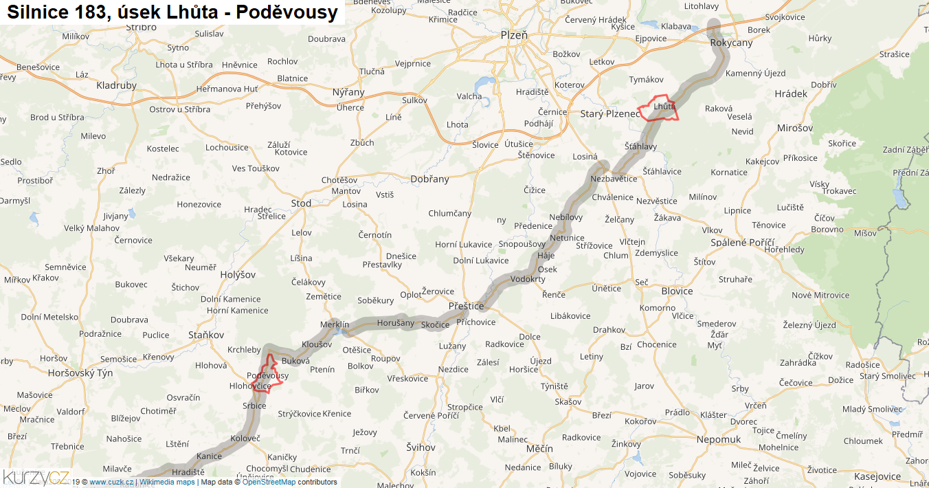 Úsek Lhůta - Poděvousy, Silnice 183 - Mapa