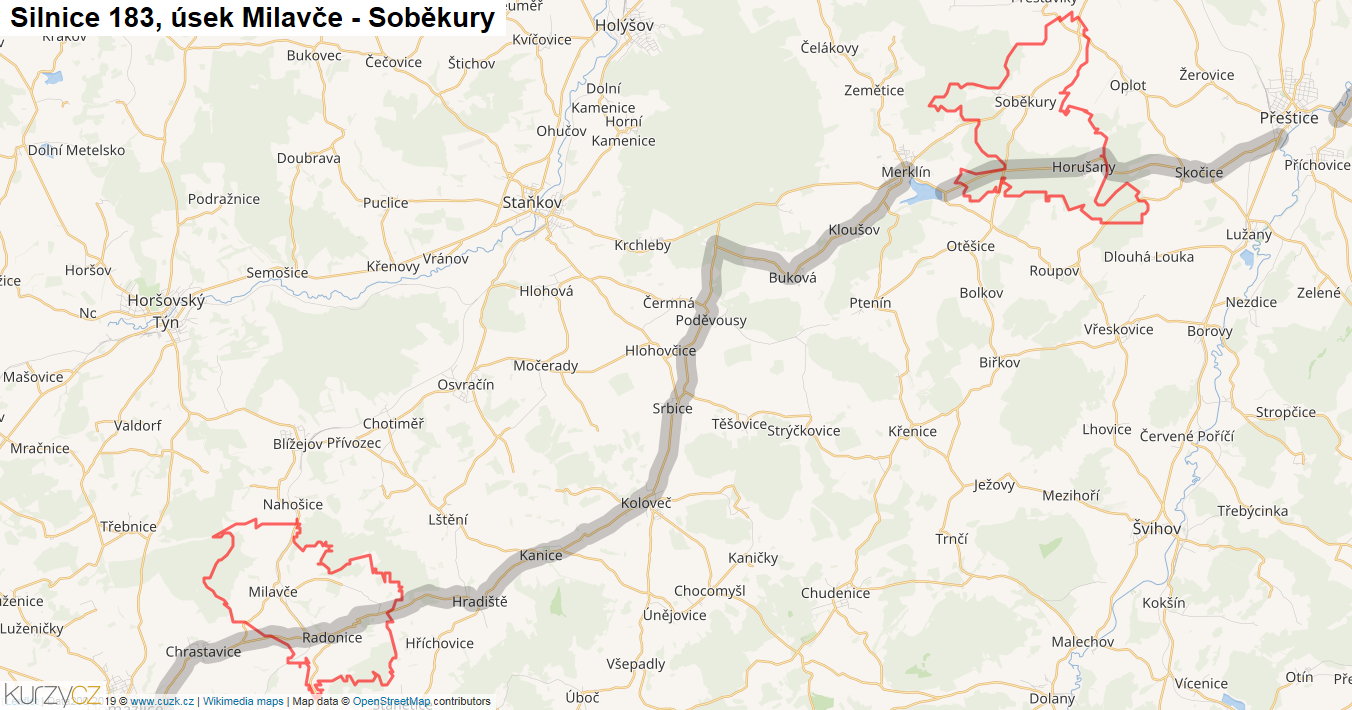 Úsek Milavče - Soběkury, Silnice 183 - Mapa