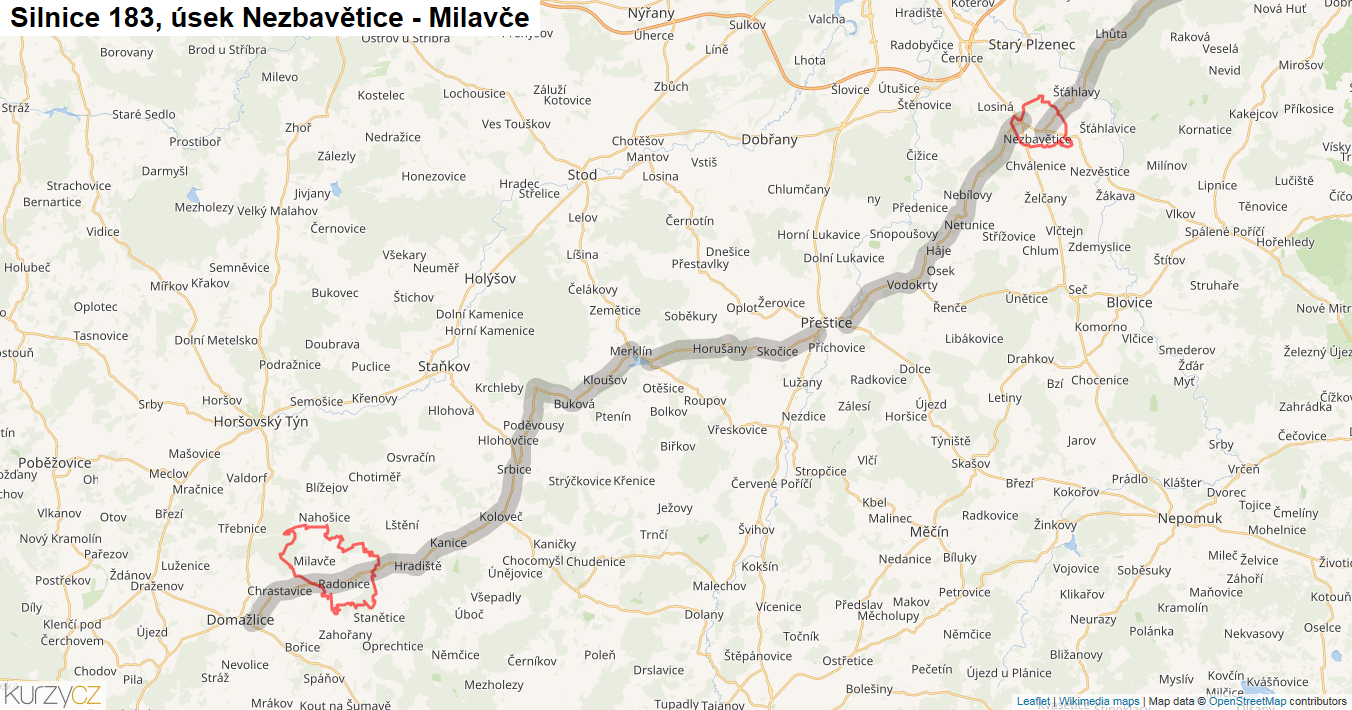 Úsek Nezbavětice - Milavče, Silnice 183 - Mapa