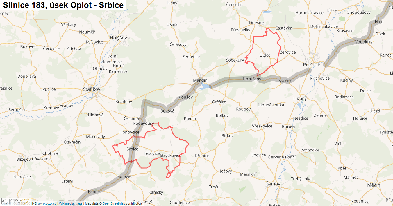 Úsek Oplot - Srbice, Silnice 183 - Mapa