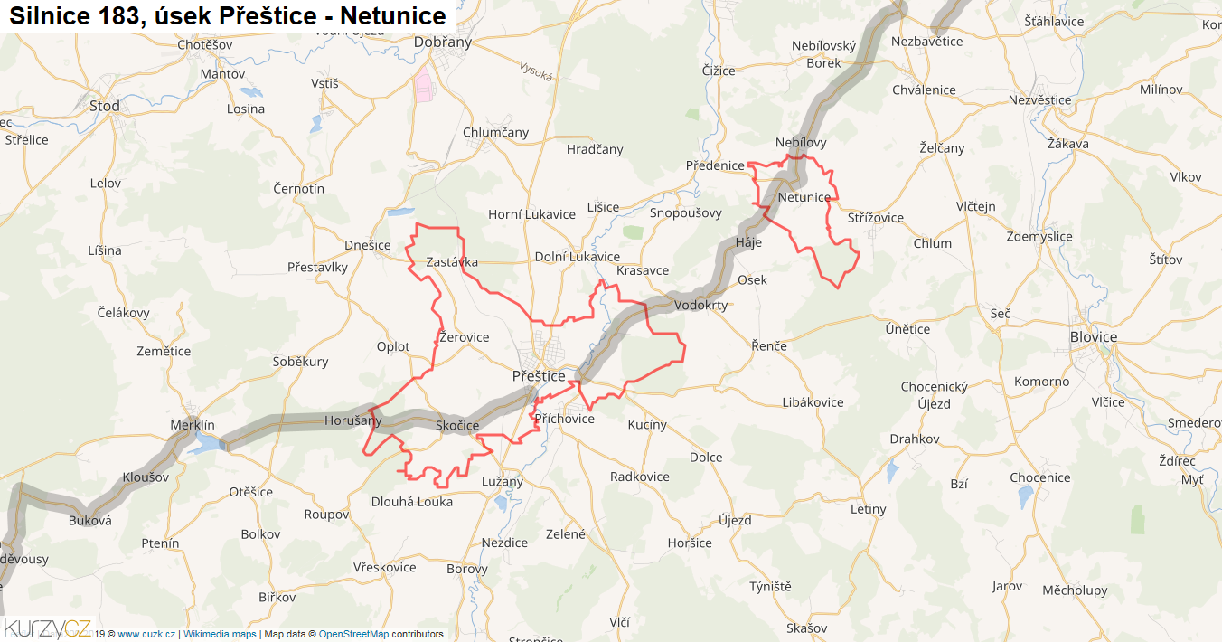 Úsek Přeštice - Netunice, Silnice 183 - Mapa