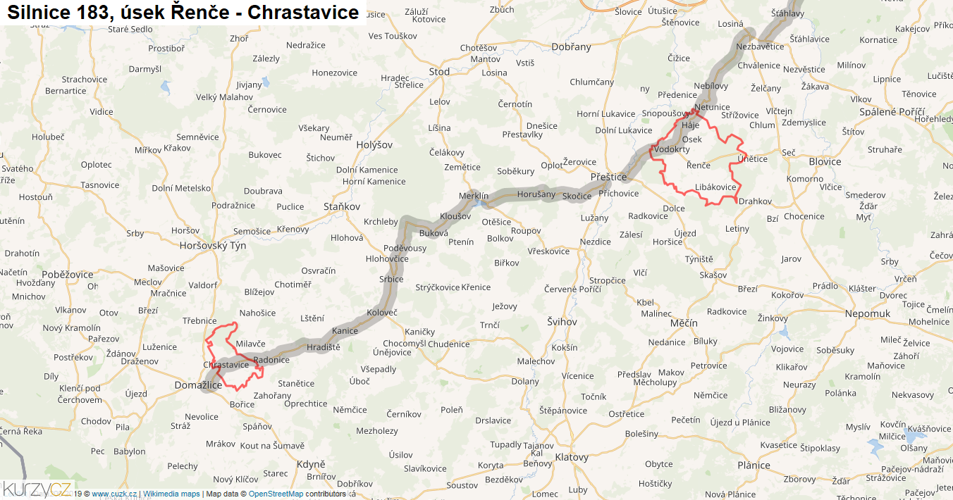 Úsek Řenče - Chrastavice, Silnice 183 - Mapa