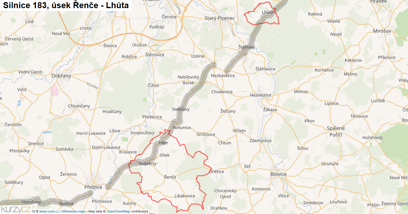 Úsek Řenče - Lhůta, Silnice 183 - Mapa