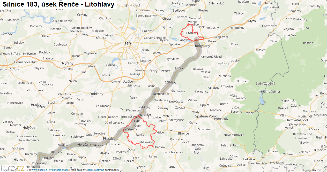 Úsek Řenče - Litohlavy, Silnice 183 - Mapa