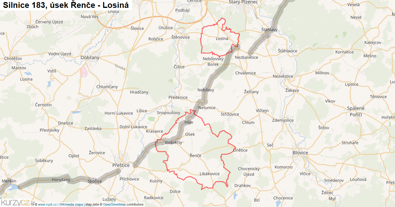 Úsek Řenče - Losiná, Silnice 183 - Mapa
