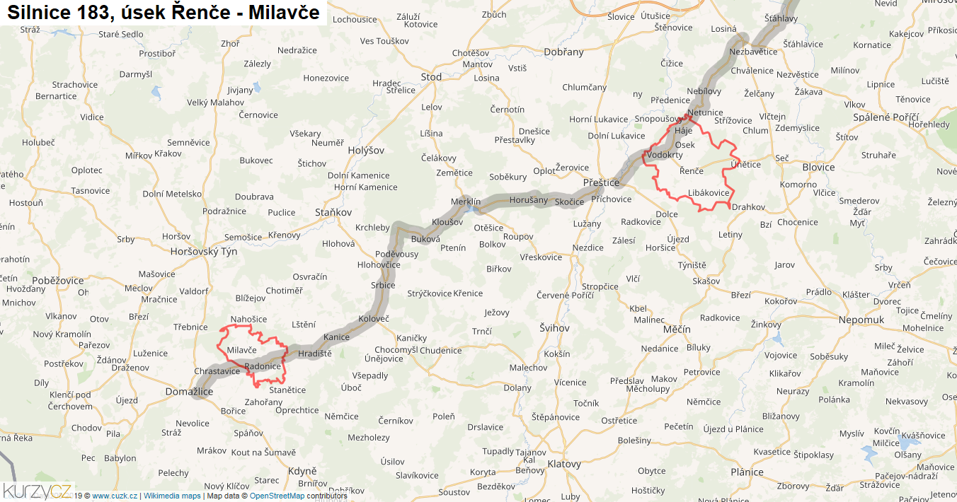Úsek Řenče - Milavče, Silnice 183 - Mapa