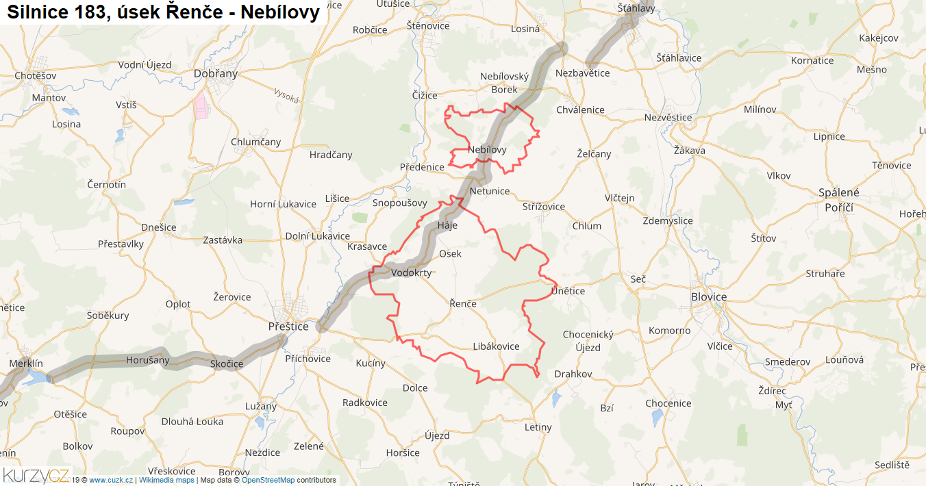 Úsek Řenče - Nebílovy, Silnice 183 - Mapa