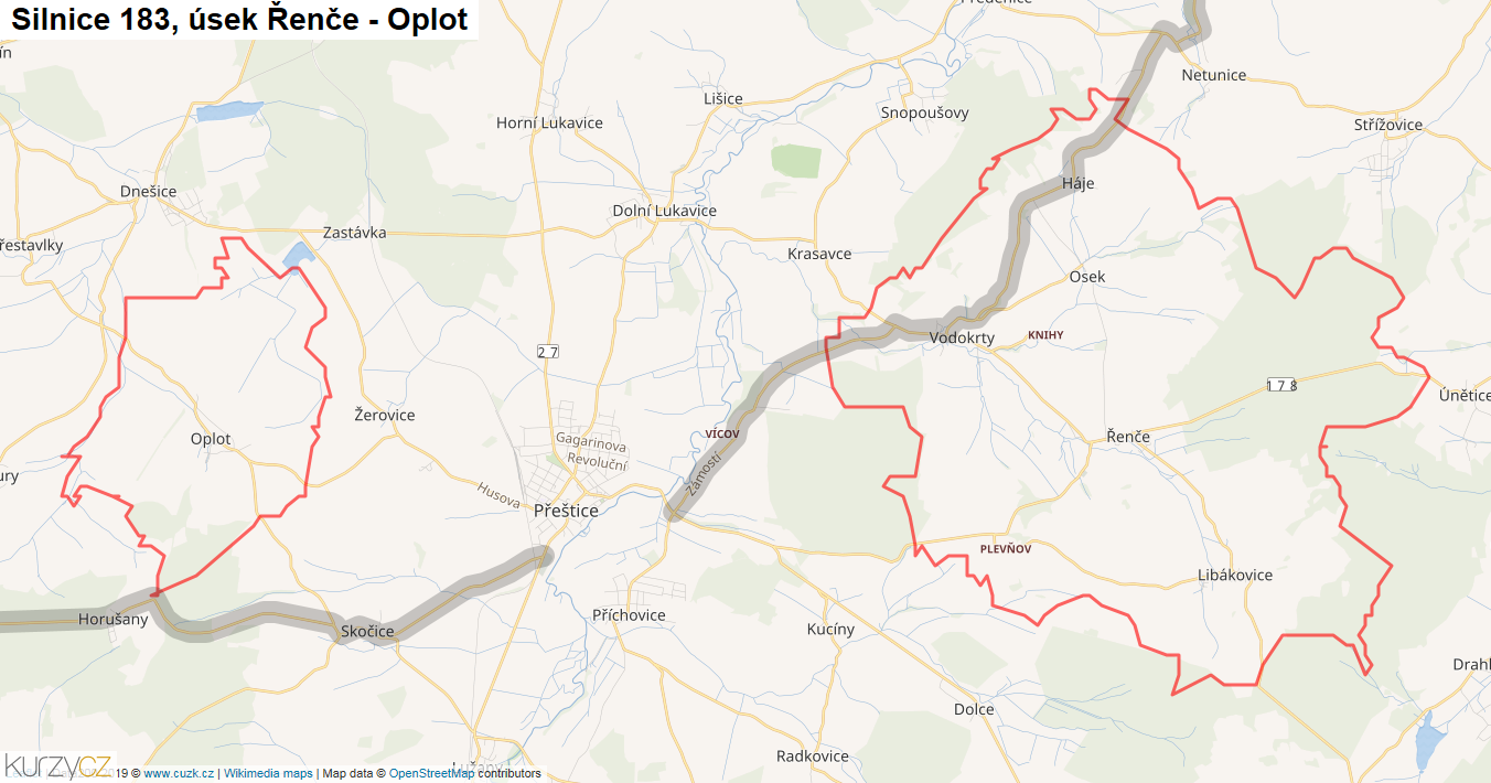 Úsek Řenče - Oplot, Silnice 183 - Mapa