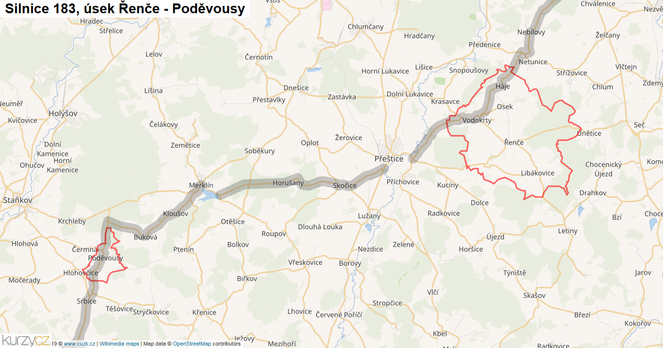 Úsek Řenče - Poděvousy, Silnice 183 - Mapa