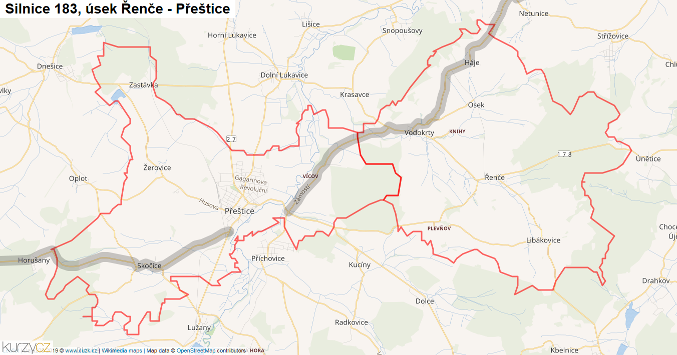 Úsek Řenče - Přeštice, Silnice 183 - Mapa