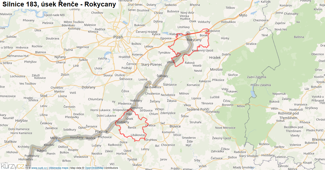 Úsek Řenče - Rokycany, Silnice 183 - Mapa