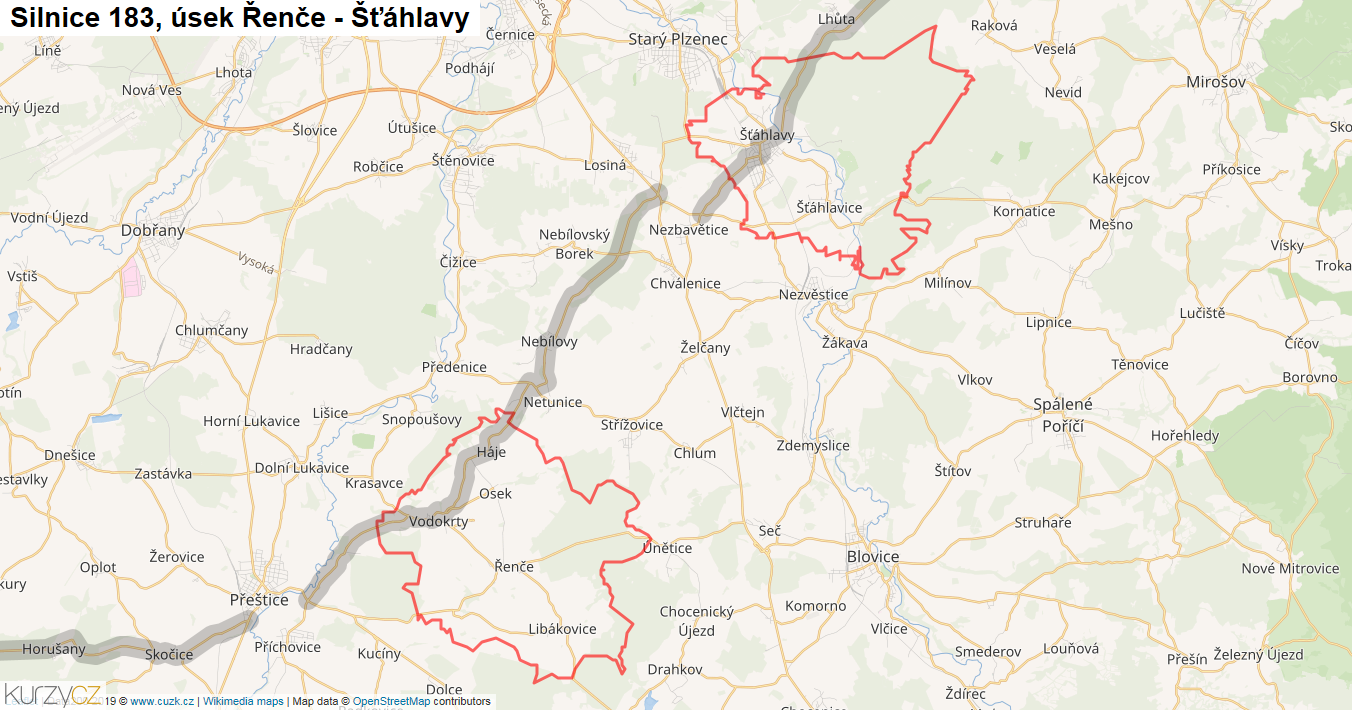 Úsek Řenče - Šťáhlavy, Silnice 183 - Mapa