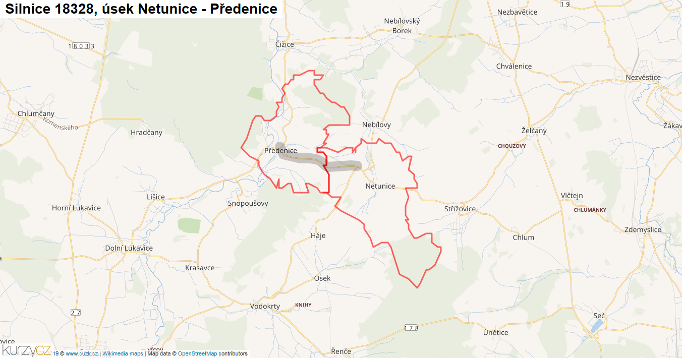 Úsek Netunice - Předenice, Silnice 18328 - Mapa