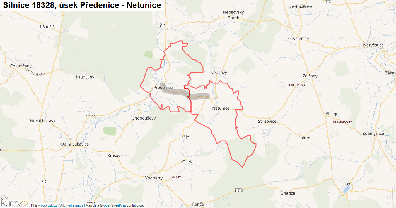 Úsek Předenice - Netunice, Silnice 18328 - Mapa