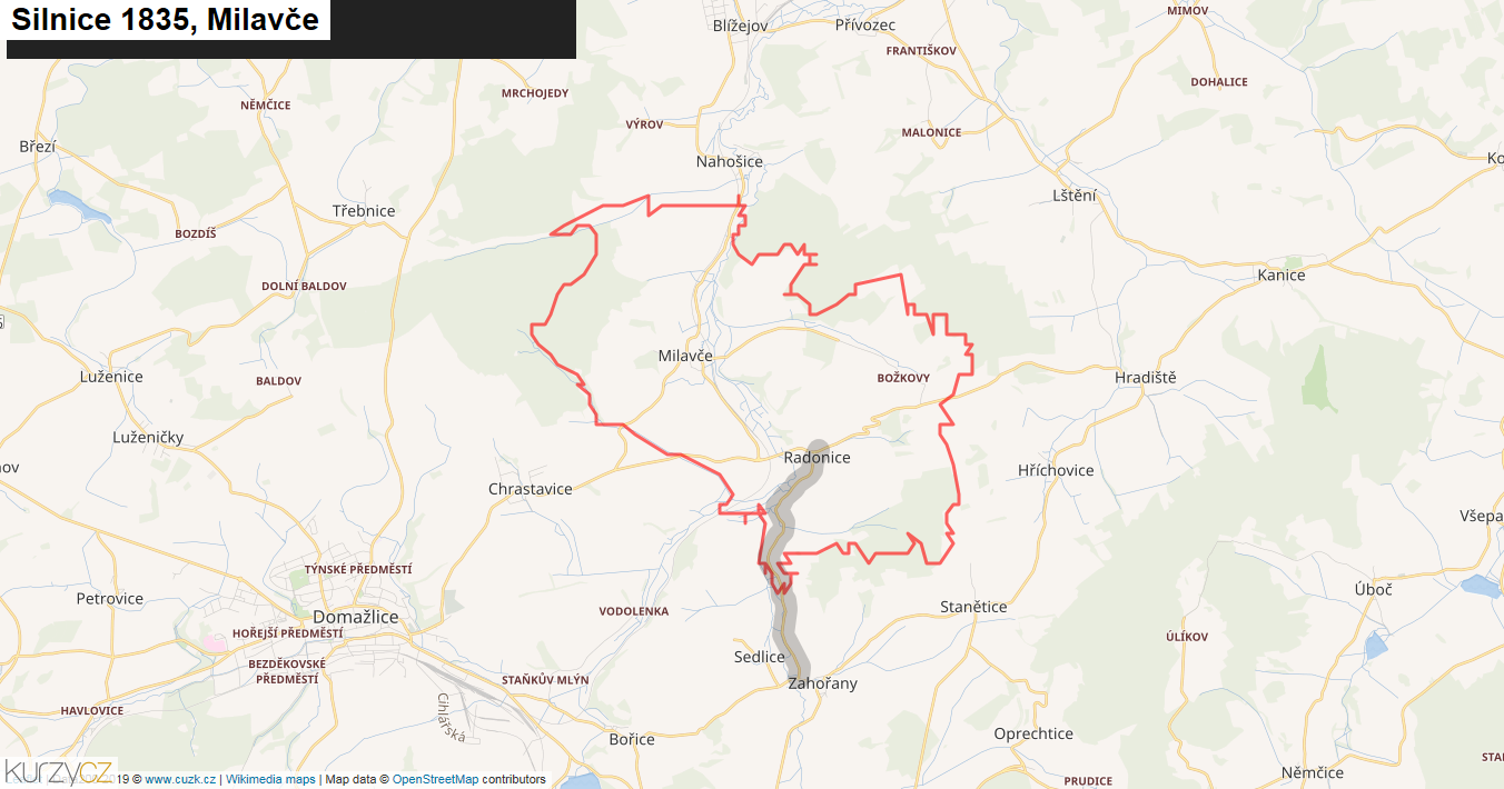 Milavče, Silnice 1835 - Mapa