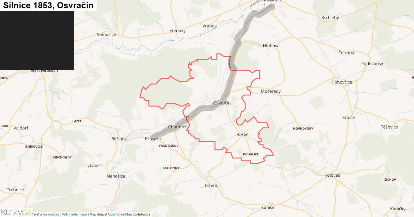 Osvračín, Silnice 1853 - Mapa